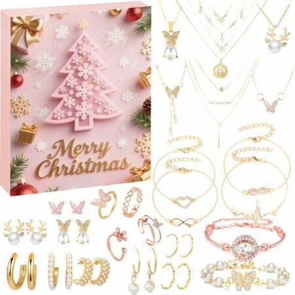 Jewelry Advent Calendar 2025,Christmas Countdown 24 Days Calendar with Fashion Necklace,Bracelet,Earrings & Ring,Christmas Surprise Gifts