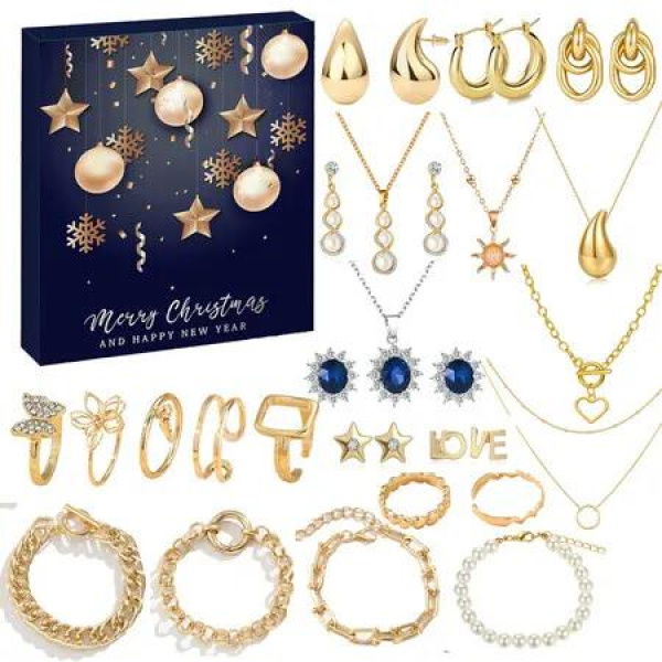 Jewelry Advent Calendar 24 Days Christmas Countdown Calendar,With 7 Earrings,6 Necklaces,7 Rings 4 Bracelets Christmas Gifts For Wife Mom Girls