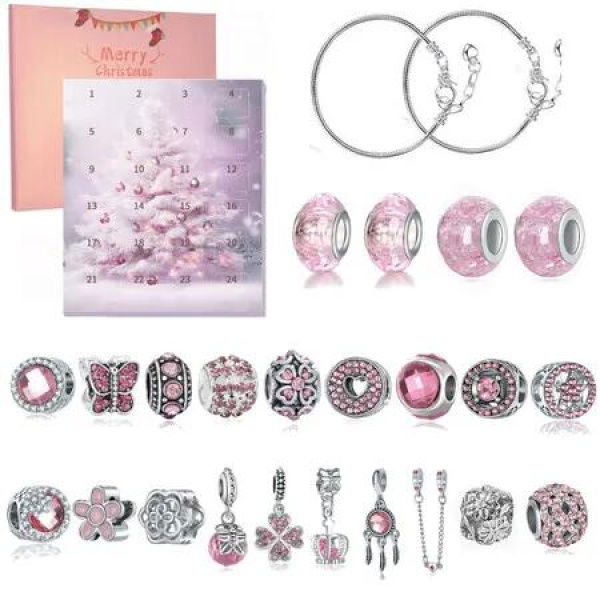 Jewelry Advent Calendar 24 Days Christmas Countdown With DIY Charm Bracelet Surprise Making Gifts Color Pink