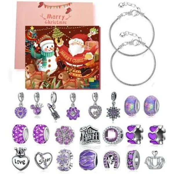 Jewelry Advent Calendar 24 Days Christmas Countdown With DIY Charm Bracelet Surprise Making Gifts Color Purple