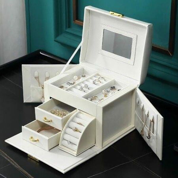 Jewelry Boxes Organizer With Lock Mirror Jewelry Dispaly Case For Earring Ring Gifts For Girls Mon-White