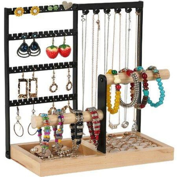 Jewelry Organizer Stand 4-Tier Jewelry Display Stand Holder With Wood Base Tray & Jewelry Storage Tower For Necklaces Bracelets Rings Watches (Black)