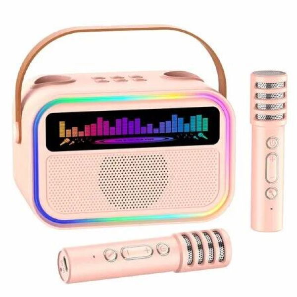 Karaoke Machine for Girls Portable Bluetooth Speaker with 2 Wireless Microphones Singing Karaoke for Birthday, Family, Home Party(Pink)