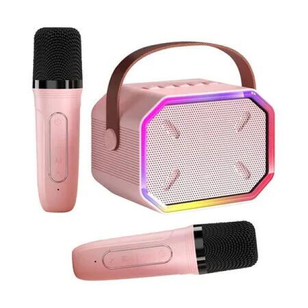 Karaoke Machine for Kids and Adults, Mini Portable Speaker with 2 Microphones for Girls Boys Age 6+ Pink