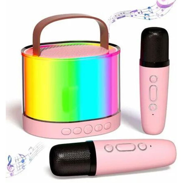 Karaoke Machine for Kids, Mini Portable Bluetooth Karaoke Speaker with 2 Wireless Mics & Light for Home Party(Pink)