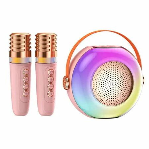 Karaoke Machine for Kids, Portable Bluetooth Mini Karaoke Microphone Singing Speaker with 2 Wireless Mic and Light (Pink)