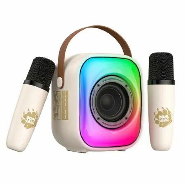 Karaoke Machine Kids Two Wireless Microphones Portable Bluetooth Speaker LED TF Card USB AUX,Beige