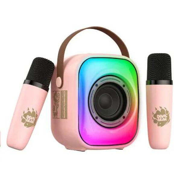 Karaoke Machine Kids Two Wireless Microphones Portable Bluetooth Speaker LED TF Card USB AUX,Pink