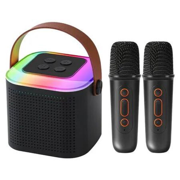 Karaoke Machine Portable Mini Bluetooth Speaker Entertainment 2 Wireless Mics Family Birthday Party Gift Toys Home Singing Celebration Black