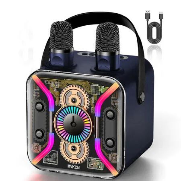 Karaoke Machine Two Wireless Microphone PA System Bluetooth Speaker Bass Treble TF Card USB AUX TV Party Birthday,Blue