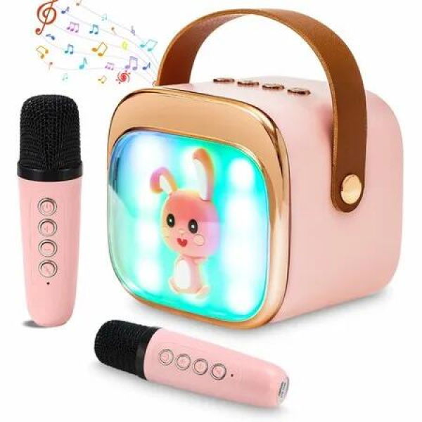 Karaoke Machine with 2 Karaoke Microphones,Portable Bluetooth Speaker with LED Light and Voice Change Effects,Gifts for Ages 5-12 Boys,Girls-Pink