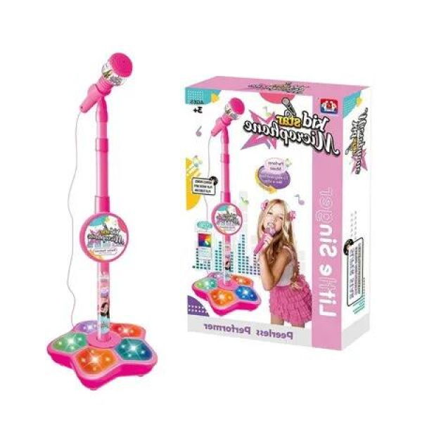 Karaoke Musical Microphone for Kids with Amplifying Bracket, Stand, Lights, and Flashing Pedal(Pink)