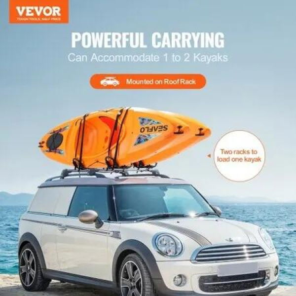 Kayak Roof Rack 2 Pairs J-Bar, Soft Roof Rack Quick Folding, Top Mount Tie Down, Carrier for kayak, Surf Board, Canoe, SUP, Ski Board, Mount on Car, SUV, Truck, 2 Kayaks