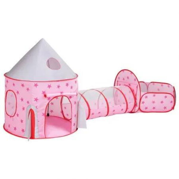 Keezi Kids Playhouse Play Tent Pop Up Castle Crawl Tunnel Basketball Hoop Pink