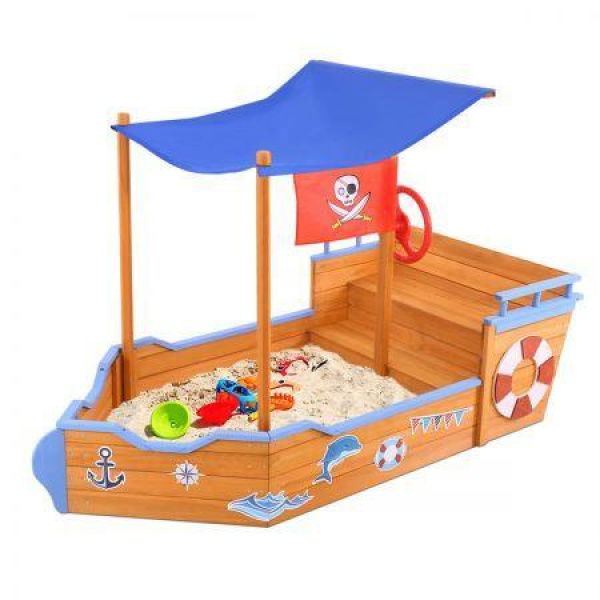 Keezi Kids Sandpit Wooden Boat Sand Pit with Canopy Bench Seat Beach Toys 165cm