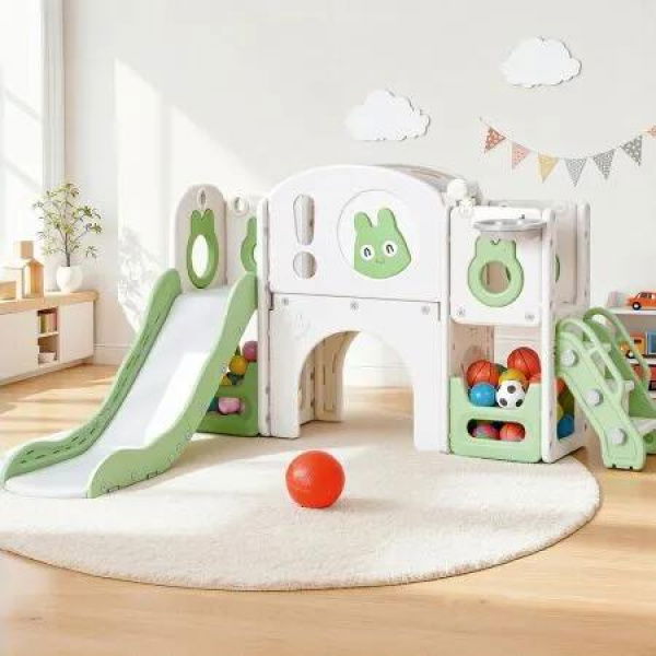 Keezi Kids Slide Swing Set Ball Hoop Rings Football Outdoor Toys Green