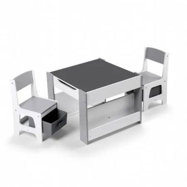 Keezi Kids Table and Chair Set, 4 in 1 Wooden Activity Table with Bookcase, Storage Box and Detachable Blackboard, Toddler Table and 2 Chairs Set, Grey