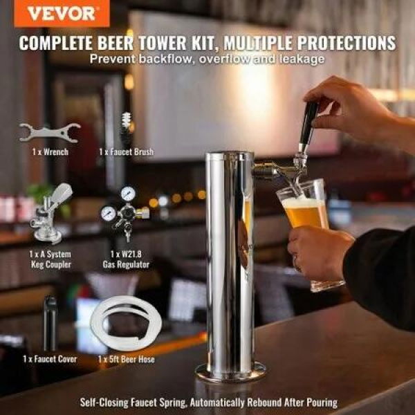 Kegerator Tower Kit, Single Tap Beer Conversion Kit, Stainless Steel Keg Beer Tower Dispenser with Dual Gauge W21.8 Regulator & A-System Keg Coupler, Beer Drip Tray for Party Home