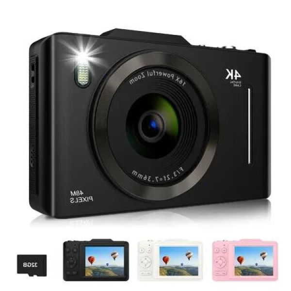 Kid-Friendly Digital Camera with FHD 4K 48MP Resolution, 16X Zoom, 32GB Card, Anti-Shake Technology-Black (Perfect for Beginners and Young Photographers)