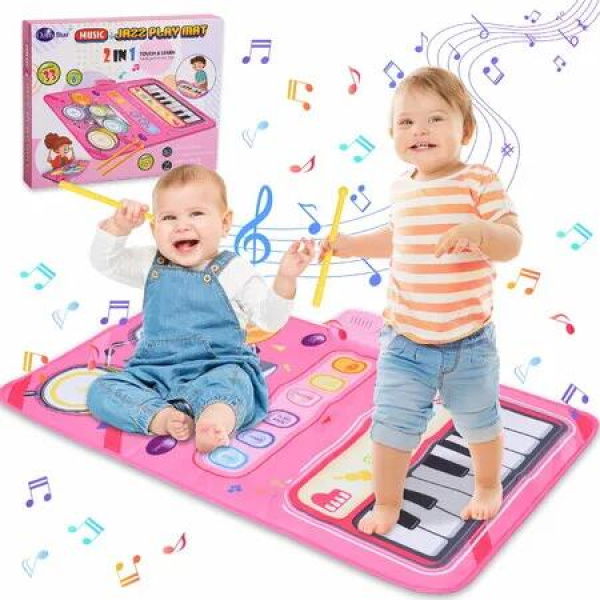 Kid Musical Mat,Keyboard & Drum Mat with 2 Drum Sticks, Learning Piano Mat Educational Music Toys Gifts for 3+ Girls Boys Color Pink