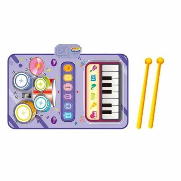 Kid Musical Mat,Keyboard & Drum Mat with 2 Drum Sticks, Learning Piano Mat Educational Music Toys Gifts for 3+ Girls Boys Color Purple