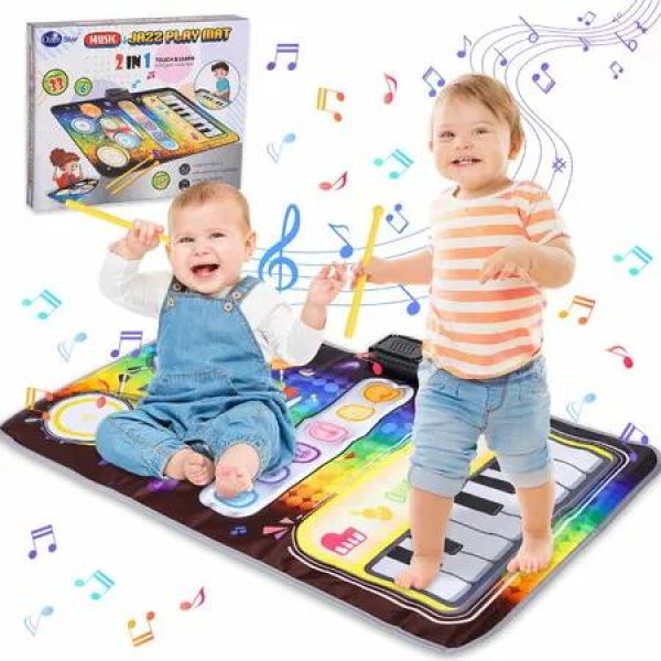 Kid Musical Mat,Keyboard Drum Mat with 2 Drum Sticks, Learning Piano Mat Educational Music Toys Gifts for 3+ Girls Boys Color Black