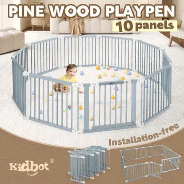 Kidbot Baby Playpen 10 Panel Wooden Safety Gate Kids Pet Dog Activity Centre Fence Play Yard Pen Travel Foldable Toddler Guard Barrier Safe Enclosure