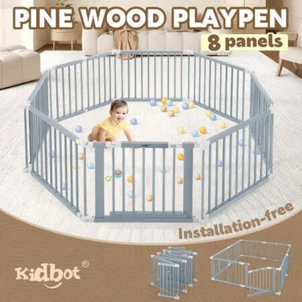 Kidbot Baby Playpen 8 Panel Kids Wooden Safety Gates Pet Dog Fence Enclosure Child Toddler Activity Centre Foldable Play Pen Yard Barrier Travel Guard