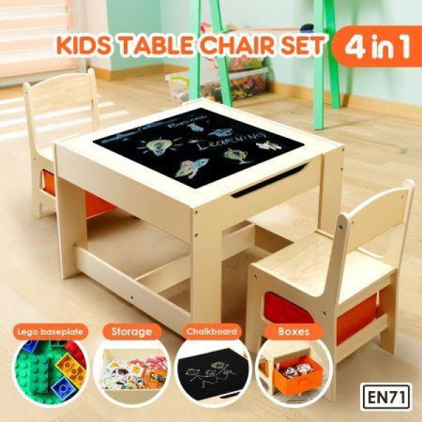 Kidbot Kids Lego Table And Chair Set Wooden Childrens Multifunctional Desk Activity Play Centre Baseplate Chalkboard