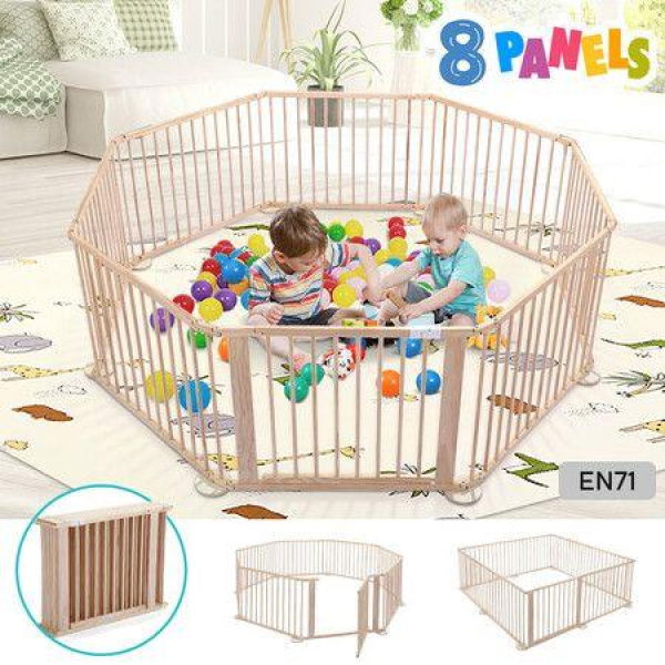 Kidbot Wooden Playpen Kids Activity Centre Foldable Fence Outdoor Playard 8 Panel