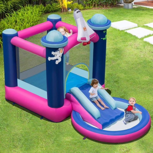 Kids 3-in-1 Inflatable Space-themed Bounce House With Jumping Area & Slide (without Blower)