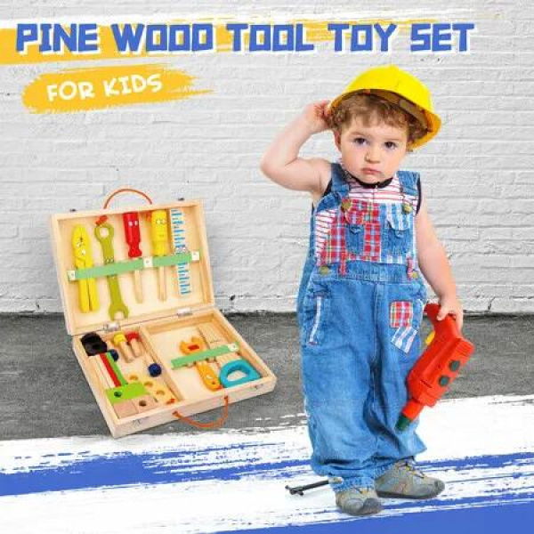 Kids 34pcs Tool Set Children Wooden Box Construction Toys Kit Building Repair Pretend Role Educational Learning Playset with Case