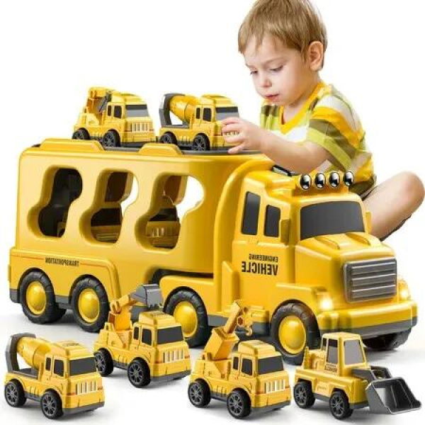 Kids 5-in-1 Construction Truck Toys, Friction Powered Vehicles with Carrier for Imaginative Play, Perfect Age 3+ Christmas or Birthday Gifts