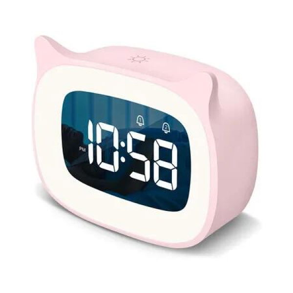 Kids Alarm Clock with Night Light & 18 Ringtones, Rechargeable, Cute Cat Ear Clock for Boys Girls Birthday Presents, Digital Clock (Pink)