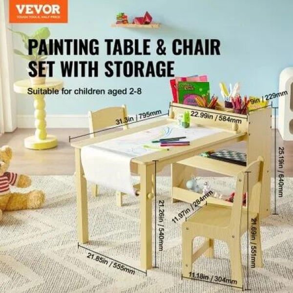 Kids Art Table and 2 Chairs Toddler Craft and Play Table with A Cabinet