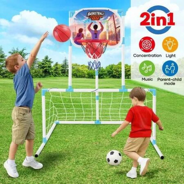 Kids Basketball Hoop Soccer Goal Net Stand Arcade Game Set LED Electronic Scorer Children Sports Play Scoreboard Outdoor Indoor Activity Football Gate