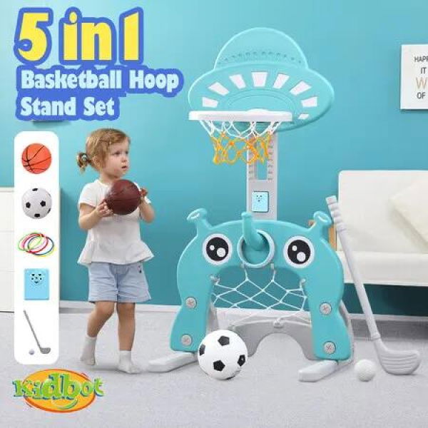 Kids Basketball Hoop Stand Set 5 in 1 Activity Centre Golf Game Ring Toss Football Gate Adjustable Indoor Outdoor Playset