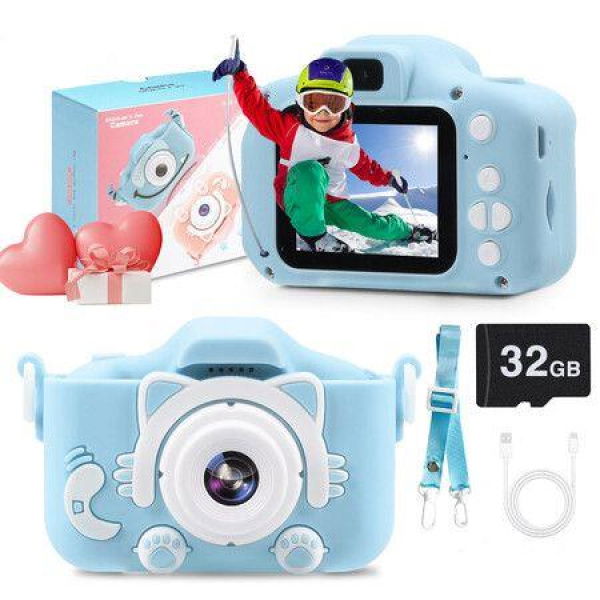 Kids Camera 1080P HD Digital Video Cameras With 32GB SD Card Mini Rechargeable Toddler Toys Camera For 3-12 Year Girls Best Gifts For Kids (Blue)