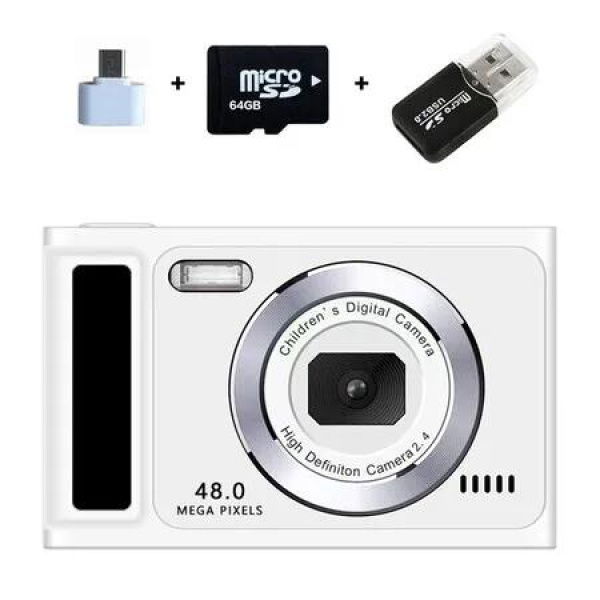 Kids Camera for Age 3 Up, with 64G Memory Card, Auto Focus 48MP 1080p 8X Zoom Automated Recessed Screen Light Camera for Daily Travel, White