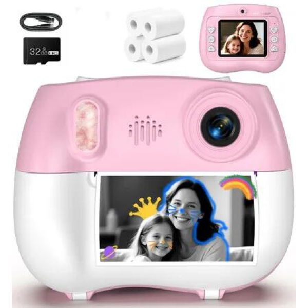 Kids Camera Instant Print - Front Rear Dual Selfie Kid Camera,Fun Birthday Gift for Girls Boys Ages 3-12, HD Digital Video Cameras-Pink
