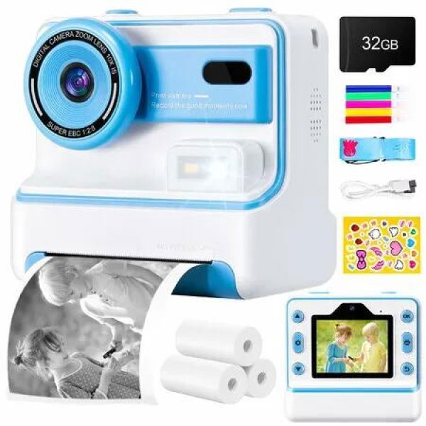 Kids Camera Instant Print 1080P HD 2.4''Screen Selfie Digital Camera with 32G Card, Print Paper Christmas Gift for Boys & Girls Ages 3-12(Blue)