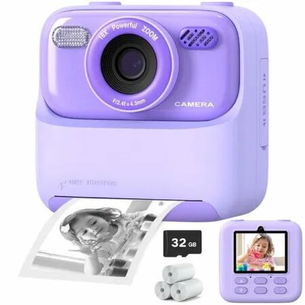 Kids Camera Instant Print for Boys and Girls,1080P HD Dual-Lens Selfie Digital Camera with Print Paper & 32G Card, Christmas Birthday Gifts-Purple