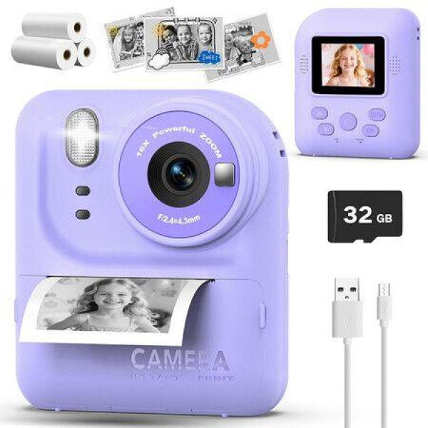 Kids Camera Instant Print Photo with 32GB, Portable Printing Camera Toy with HD Digital Video for Boys Girls Creativity & Learning (Purple)