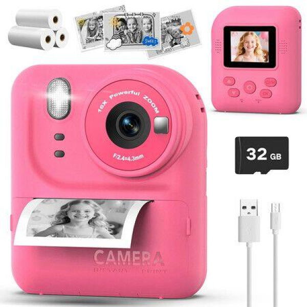 Kids Camera Instant Print Photo with 32GB, Portable Printing Camera Toy with HD Digital Video for Boys Girls Creativity & Learning (Rose Red)