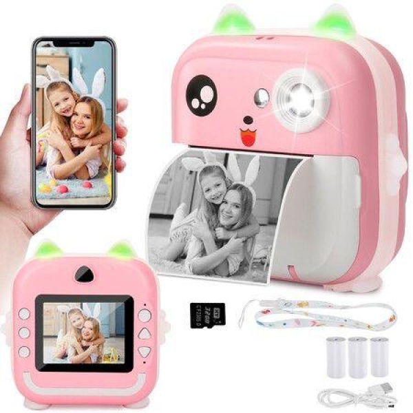 Kids Camera Instant Print Toddler Digital Camera 1080P HD Instant Print Photo with 2 Rolls Photo Paper 32GB Card