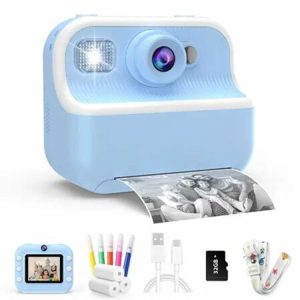 Kids Camera Instant Print Toys Toddler Cameras Printing Photos,1080P Video Cameras,12Mp Children Digital Selfie Camera Gift for Girls Boys Age 3+ with 32GB SD Card (Blue)