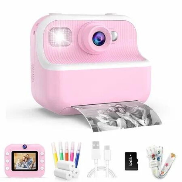 Kids Camera Instant Print Toys Toddler Cameras Printing Photos,1080P Video Cameras,12Mp Children Digital Selfie Camera Gift for Girls Boys Age 3+ with 32GB SD Card (Pink)