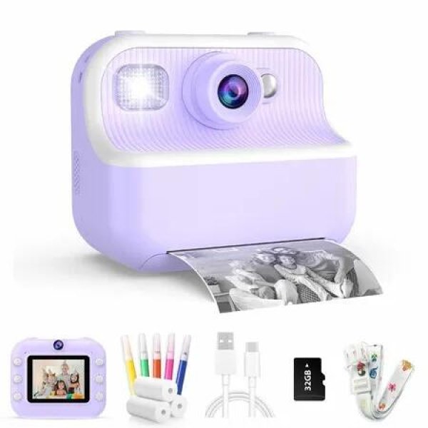 Kids Camera Instant Print Toys Toddler Cameras Printing Photos,1080P Video Cameras,12Mp Children Digital Selfie Camera Gift for Girls Boys Age 3+ with 32GB SD Card (Purple)