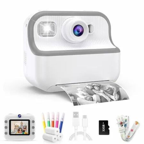 Kids Camera Instant Print Toys Toddler Cameras Printing Photos,1080P Video Cameras,12Mp Children Digital Selfie Camera Gift for Girls Boys Age 3+ with 32GB SD Card (White)