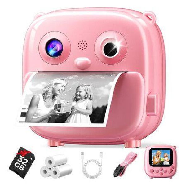 Kids Camera Instant Print with 32GB Card Christmas Birthday Gifts for Girls Boys,1080P HD Video Digital Camera with Photo Printing(Pink)
